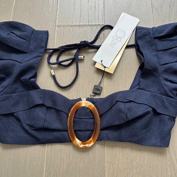 PatBo La Mer Crop Top Indigo Navy Blue Linen Puff Sleeve Size 4 - Picture 6 of 8